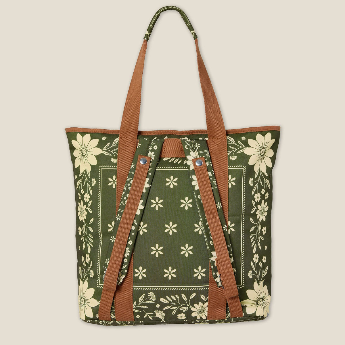 Eden beach tote bag, olive green floral bandana print, back view showing backpack straps
