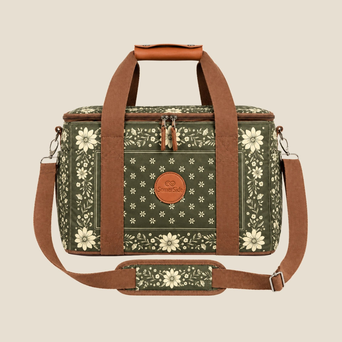 Eden insulated cooler bag, olive green floral bandana print, studio front view with shoulder strap