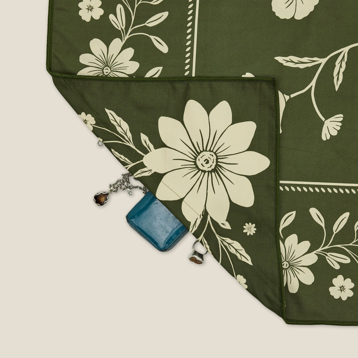 Eden sand free beach towel in Large, olive green floral bandana print, corner detail