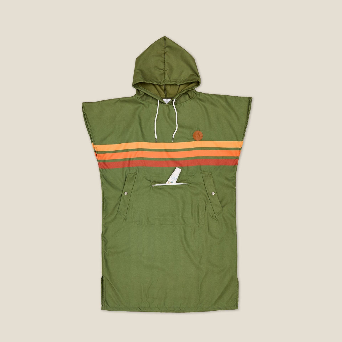 Stevie adult hooded towel poncho, olive green with retro orange stripes, studio flat lay