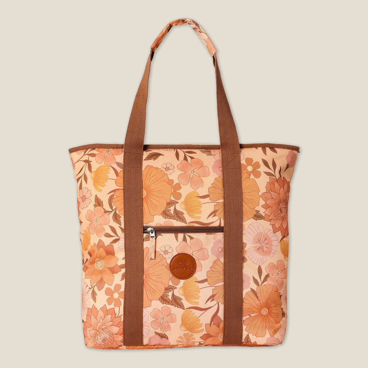 Summer Muse beach tote bag, peach retro 70s floral print, studio front view