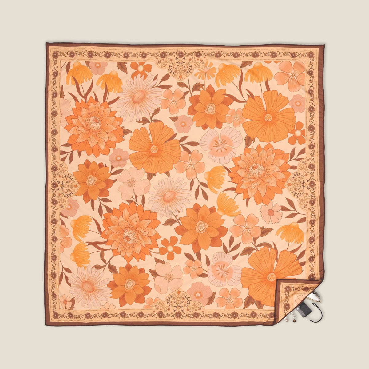 Summer Muse sand free beach towel in XL, peach retro 70s floral print, studio flat lay