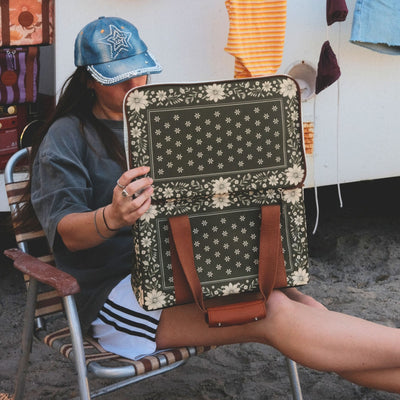 Eden insulated cooler bag, olive green floral bandana print, with the lid open