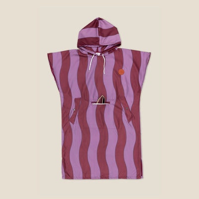 Jagger Shiraz adult hooded towel poncho, burgundy and mauve wavy stripe, studio flat lay