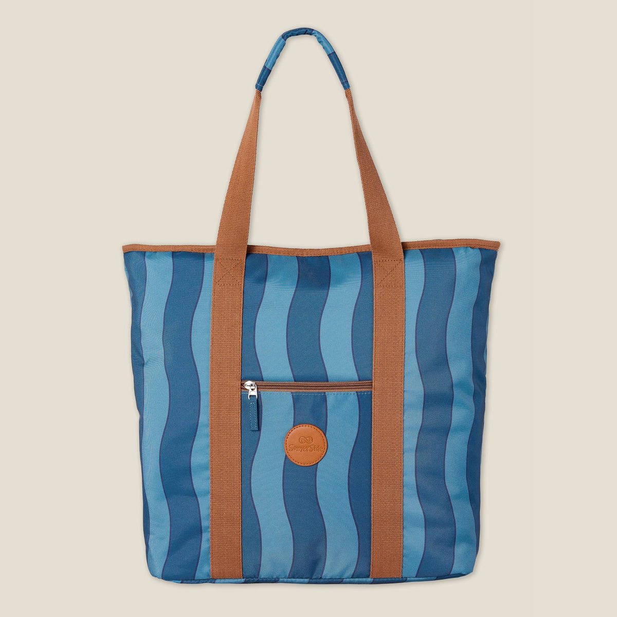 Jagger Tidal beach tote bag, two-tone blue wavy stripe, studio front view