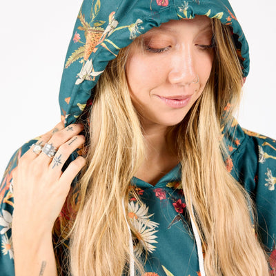 Native Botanical adult hooded towel poncho, dark green Australian wildflower print, hood close up