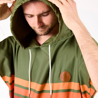 Stevie adult hooded towel poncho, olive green with retro orange stripes, hood and drawstring detail