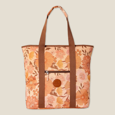 Summer Muse beach tote bag, peach retro 70s floral print, studio front view