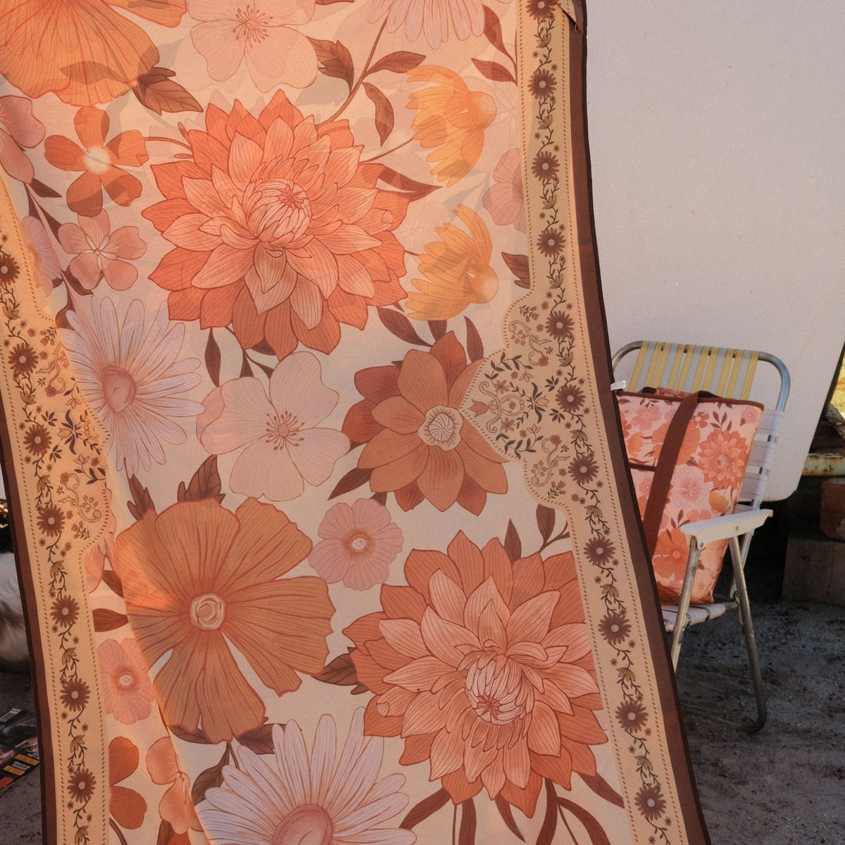 Summer Muse sand free beach towel, peach retro 70s floral print, print close up