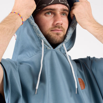 Venice adult hooded towel poncho, dusty blue paisley bandana print, hood close up