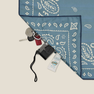 Venice sand free beach towel in Large, dusty blue paisley bandana print, corner detail